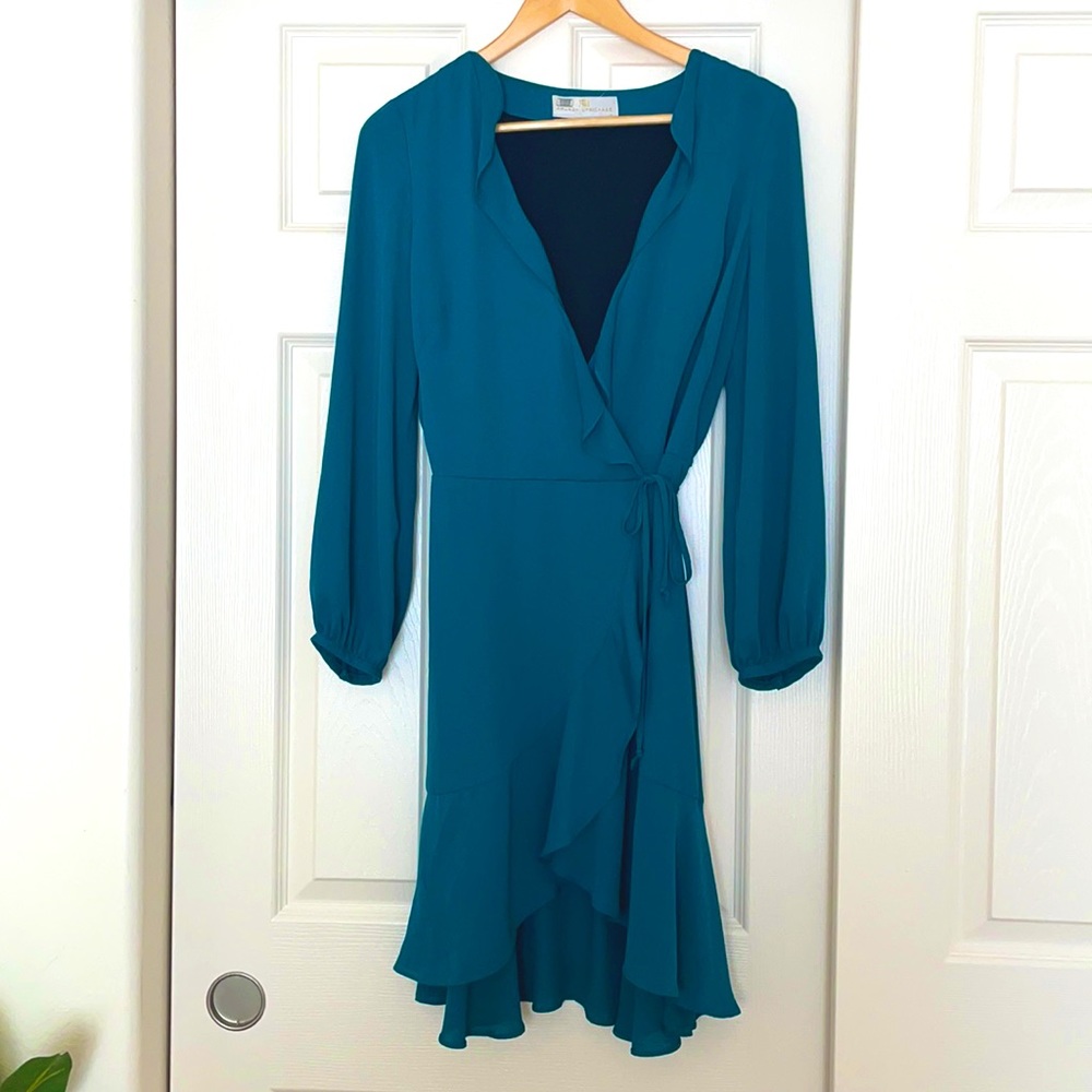 Amanda Uprichard Long Sleeve Teal Wrap Dress
